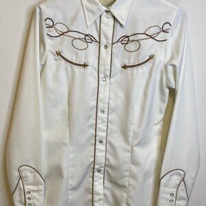 Roper Denver Western Embroidery Shirt Men’s SMALL Cream Pearl Snap Metal Buttons